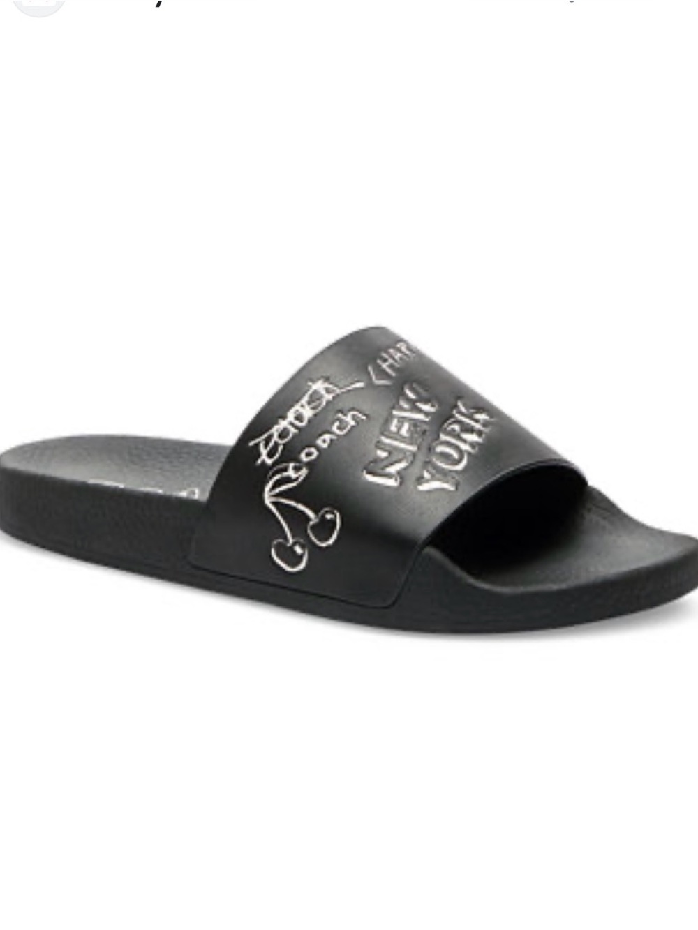 Coach Black Graphic Slide Sandals with White and Red Accents